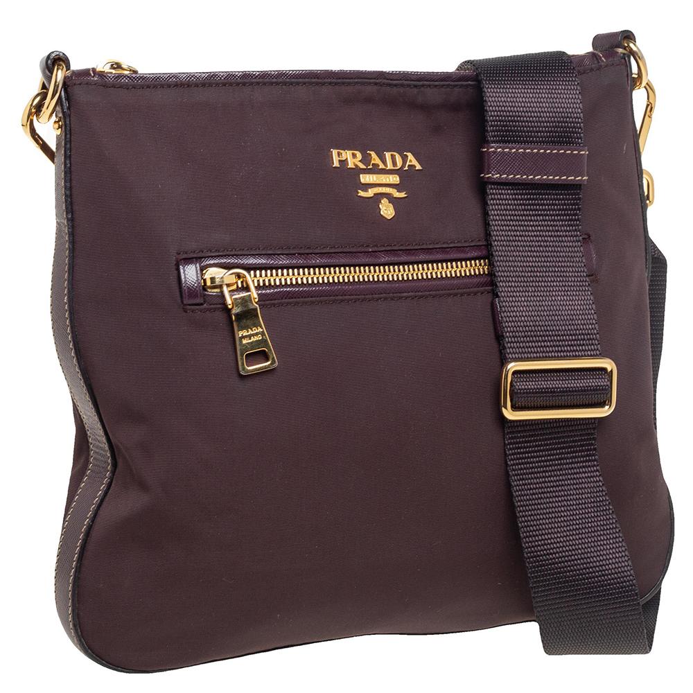 Black Prada Dark Burgundy Nylon and Leather Zip Messenger Bag