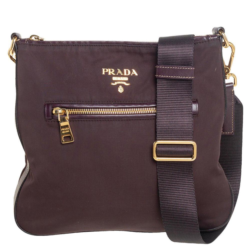 Prada Dark Burgundy Nylon and Leather Zip Messenger Bag