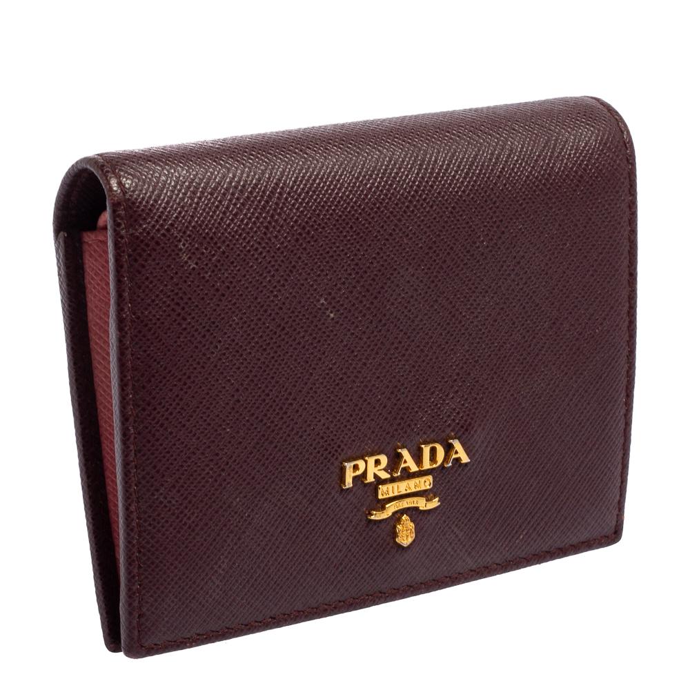 Black Prada Dark Burgundy Saffiano Lux Leather Bifold Card Case