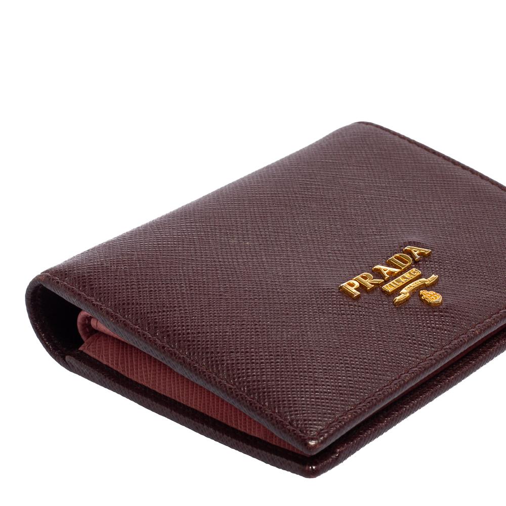 Prada Dark Burgundy Saffiano Lux Leather Bifold Card Case 1