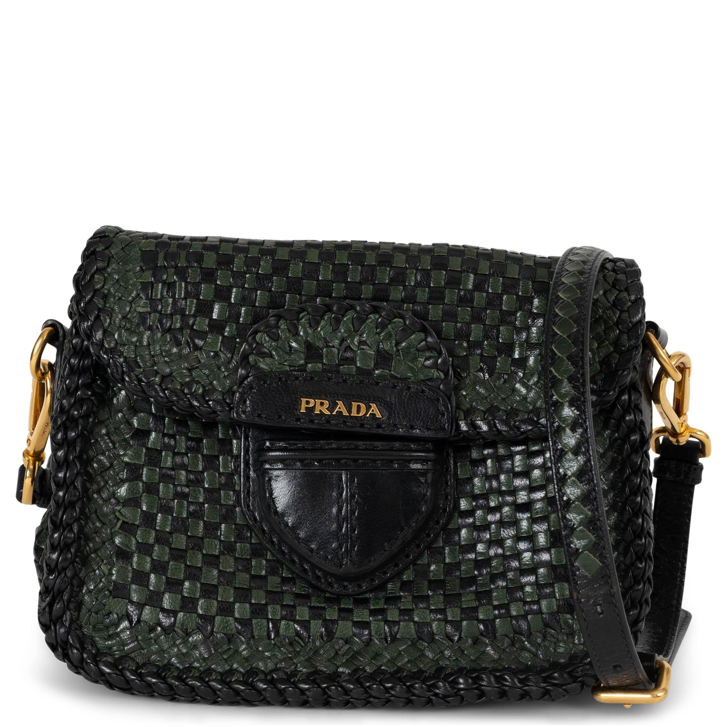 PRADA Borsa a tracolla MADRAS WOVEN in pelle verde scuro e nera in vendita