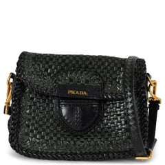 PRADA dark green & black leather MADRAS WOVEN Crossbody Bag