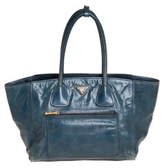 Prada Dark Green Glazed Leather Front Pocket Wing Tote