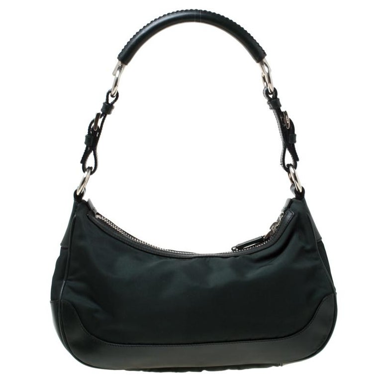 Prada Dark Green Nylon and Leather Shoulder Bag For Sale at 1stDibs
