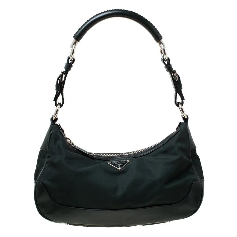 Prada Dark Green Nylon and Leather Shoulder Bag