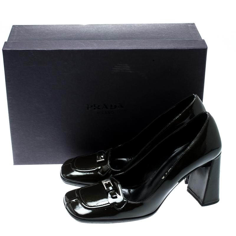 Prada Dark Green Patent Leather Buckle Detail Block Heel Pumps Size 36.5 3