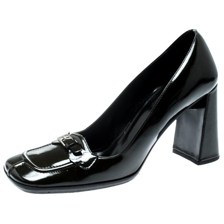 Prada Dark Green Patent Leather Buckle Detail Block Heel Pumps Size 36.5