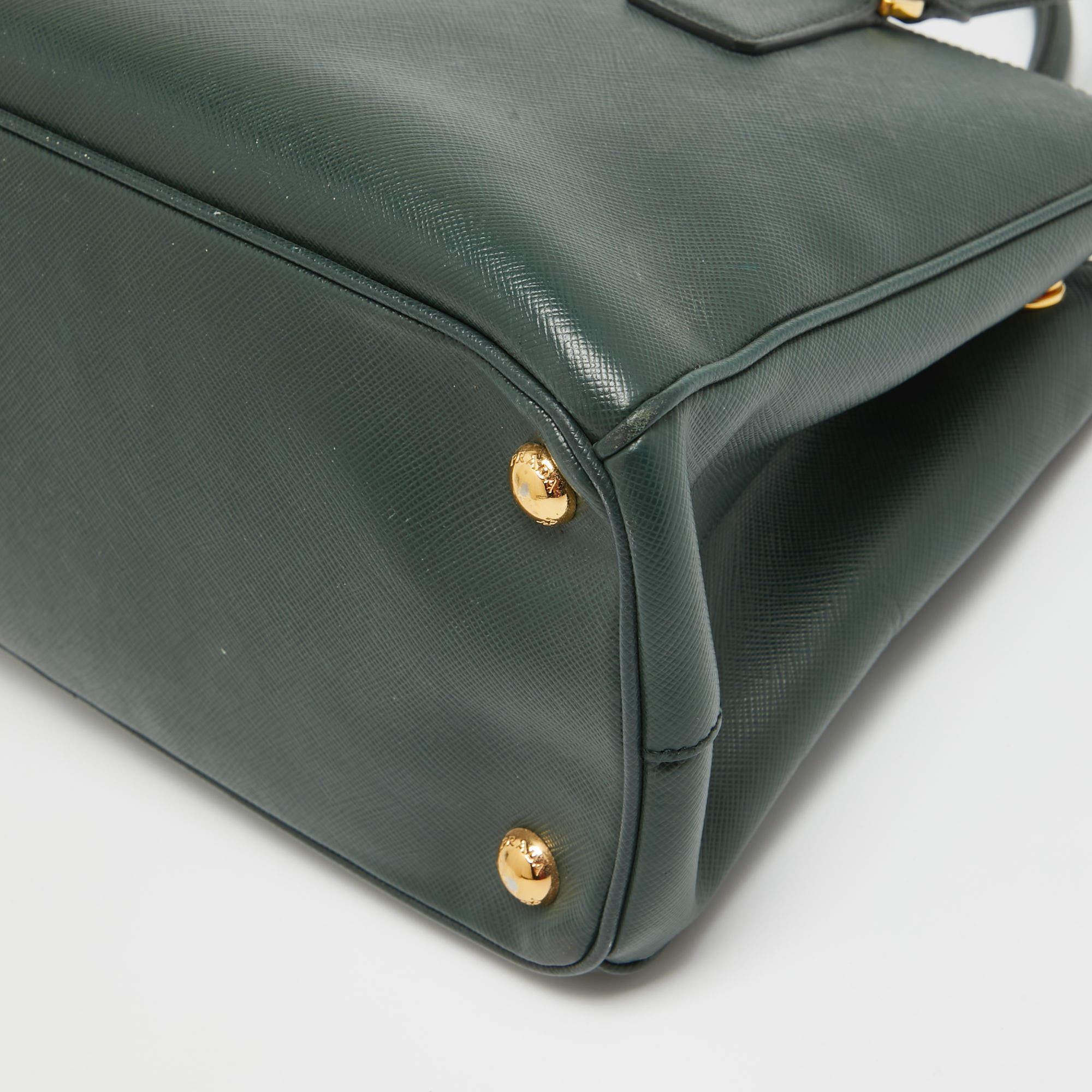 Prada Dark Green Saffiano Leather Small Double Zip Tote For Sale 9