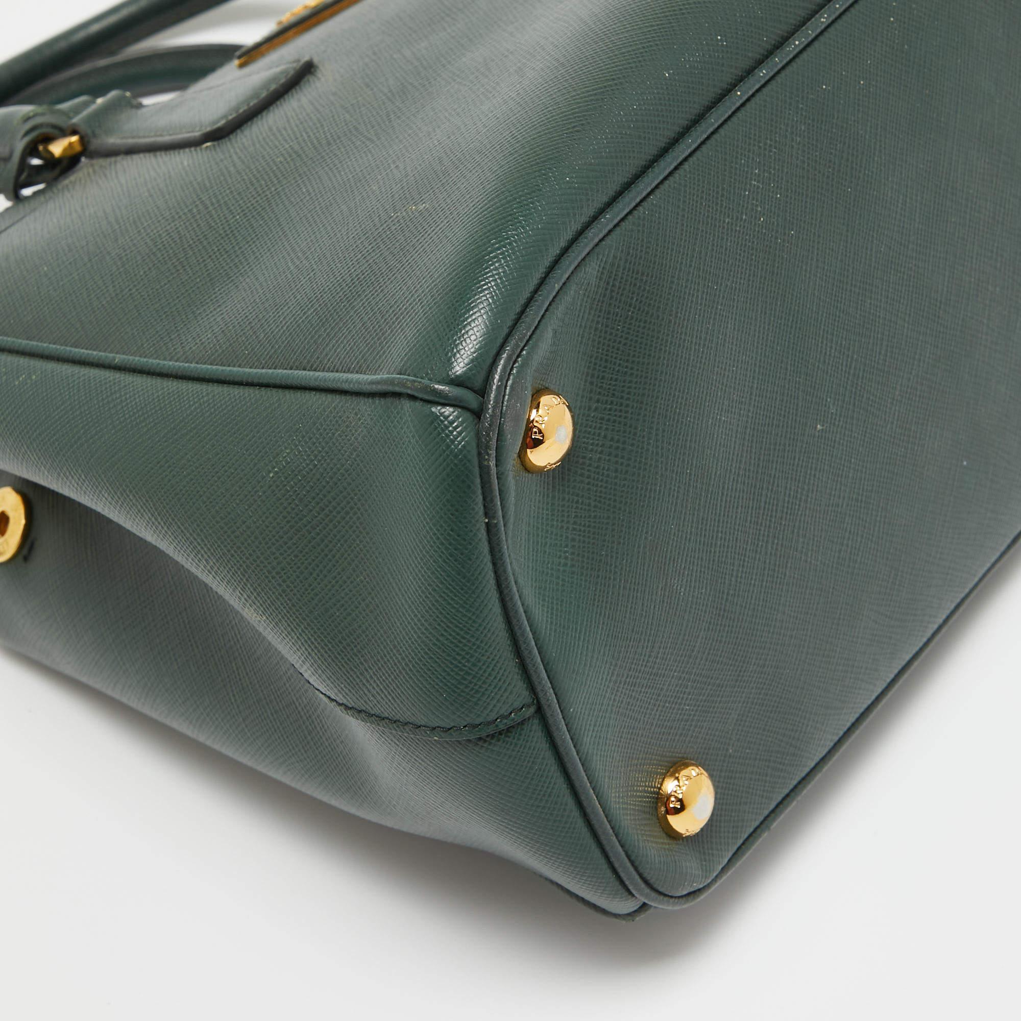 Prada Dark Green Saffiano Leather Small Double Zip Tote For Sale 10
