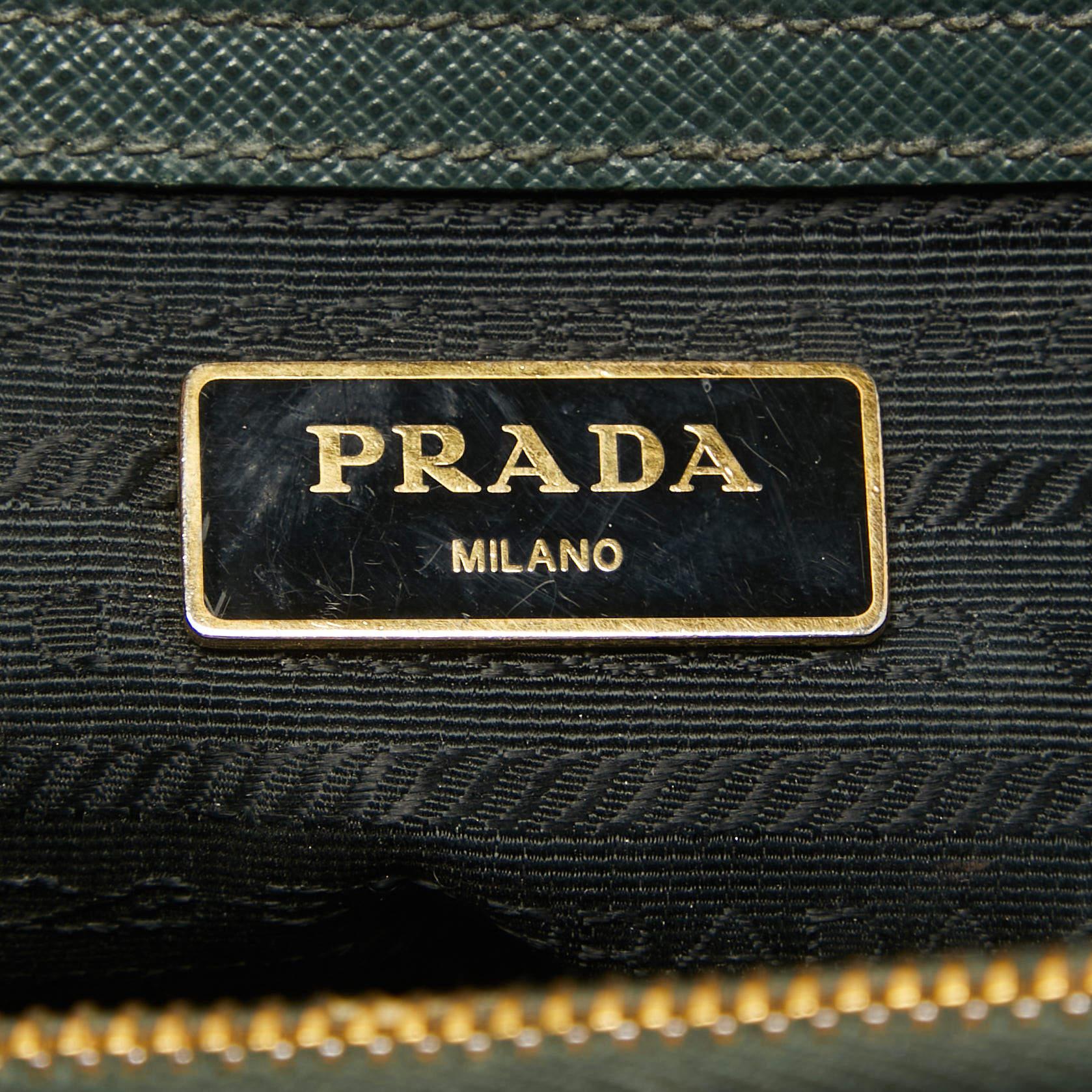 Prada Dark Green Saffiano Leather Small Double Zip Tote For Sale 12