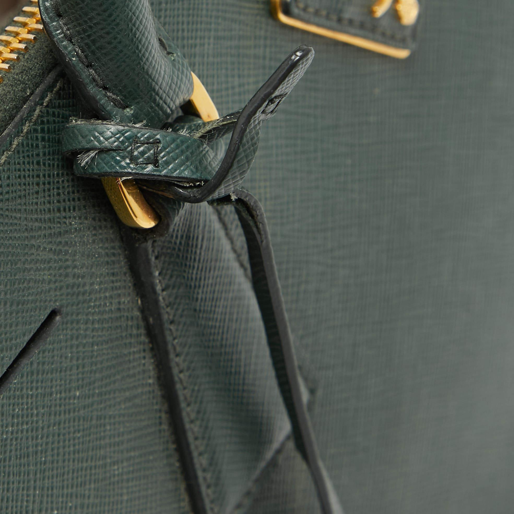 Prada Dark Green Saffiano Leather Small Double Zip Tote 1