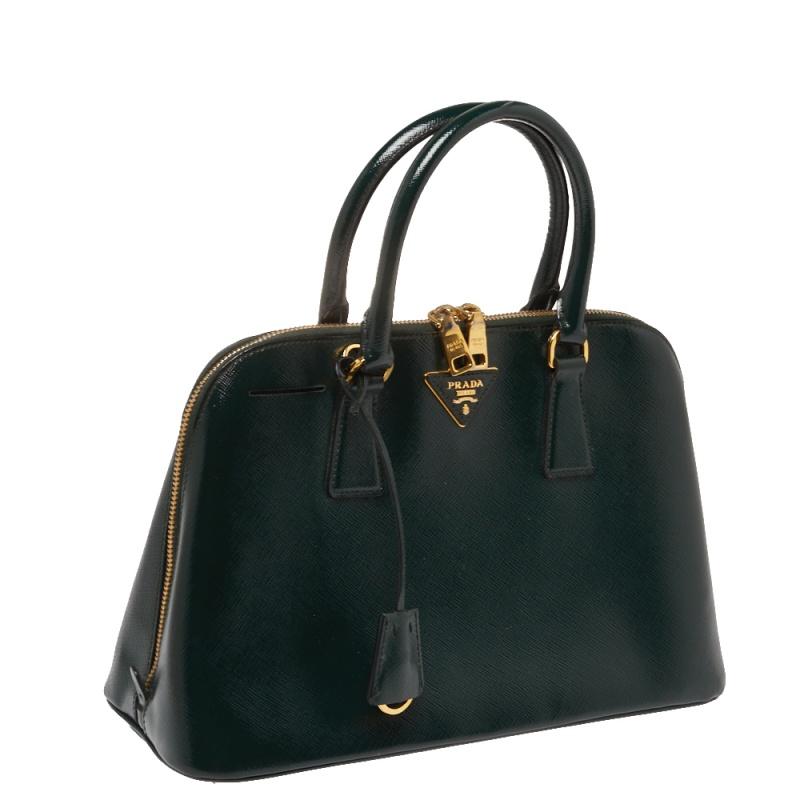 Prada Dark Green Saffiano Lux Patent Leather Medium Promenade Tote In Good Condition In Dubai, Al Qouz 2