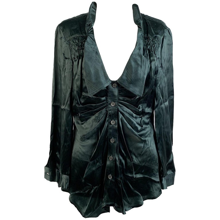 Prada Dark Green Satin Button Down Shirt Size 40 For Sale at 1stDibs