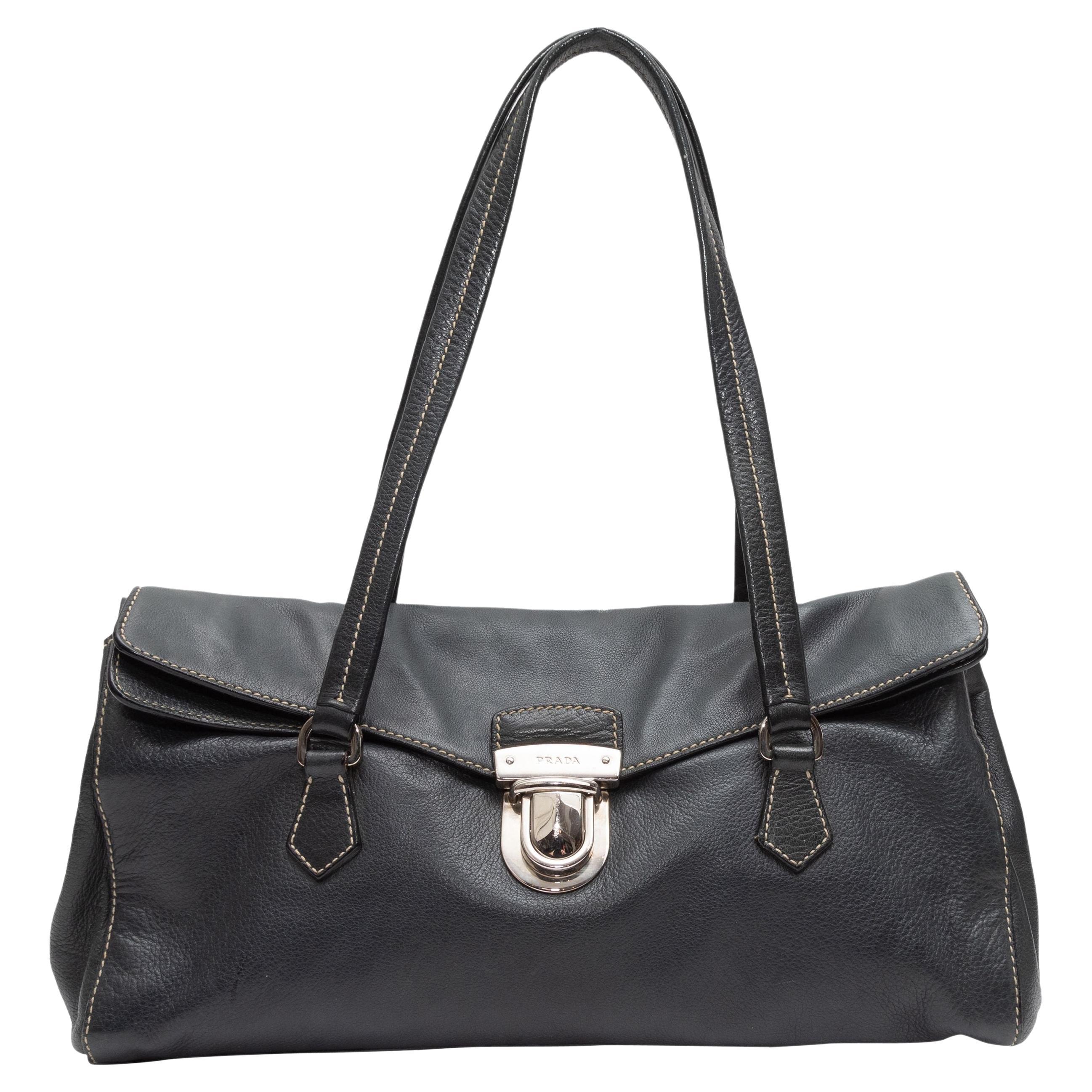 Prada Dark Green Vitello Leather Shoulder Bag For Sale at 1stDibs