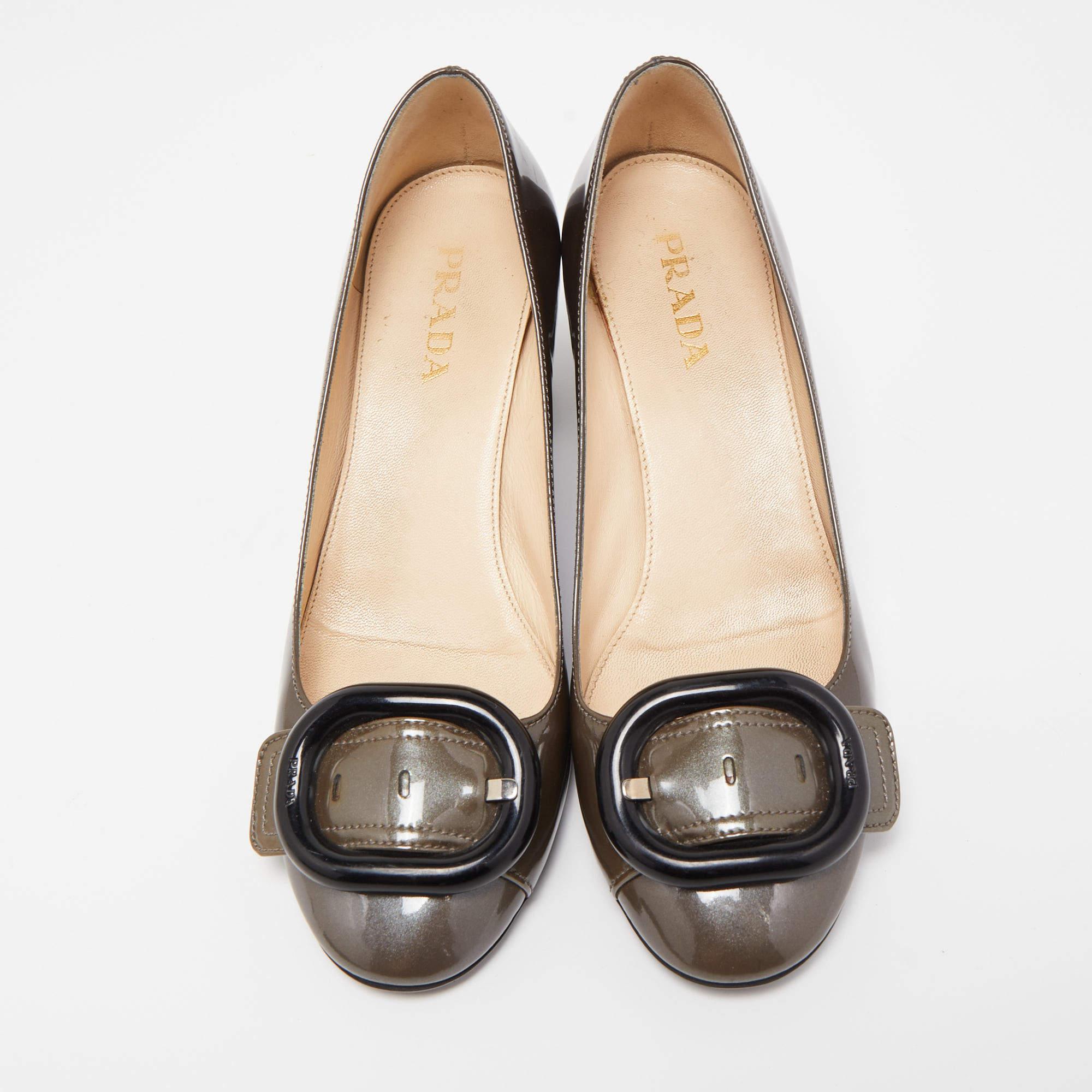 Women's Prada Dark Grey Patent Leather Buckle Detail Block Heel Pumps Size 36.5