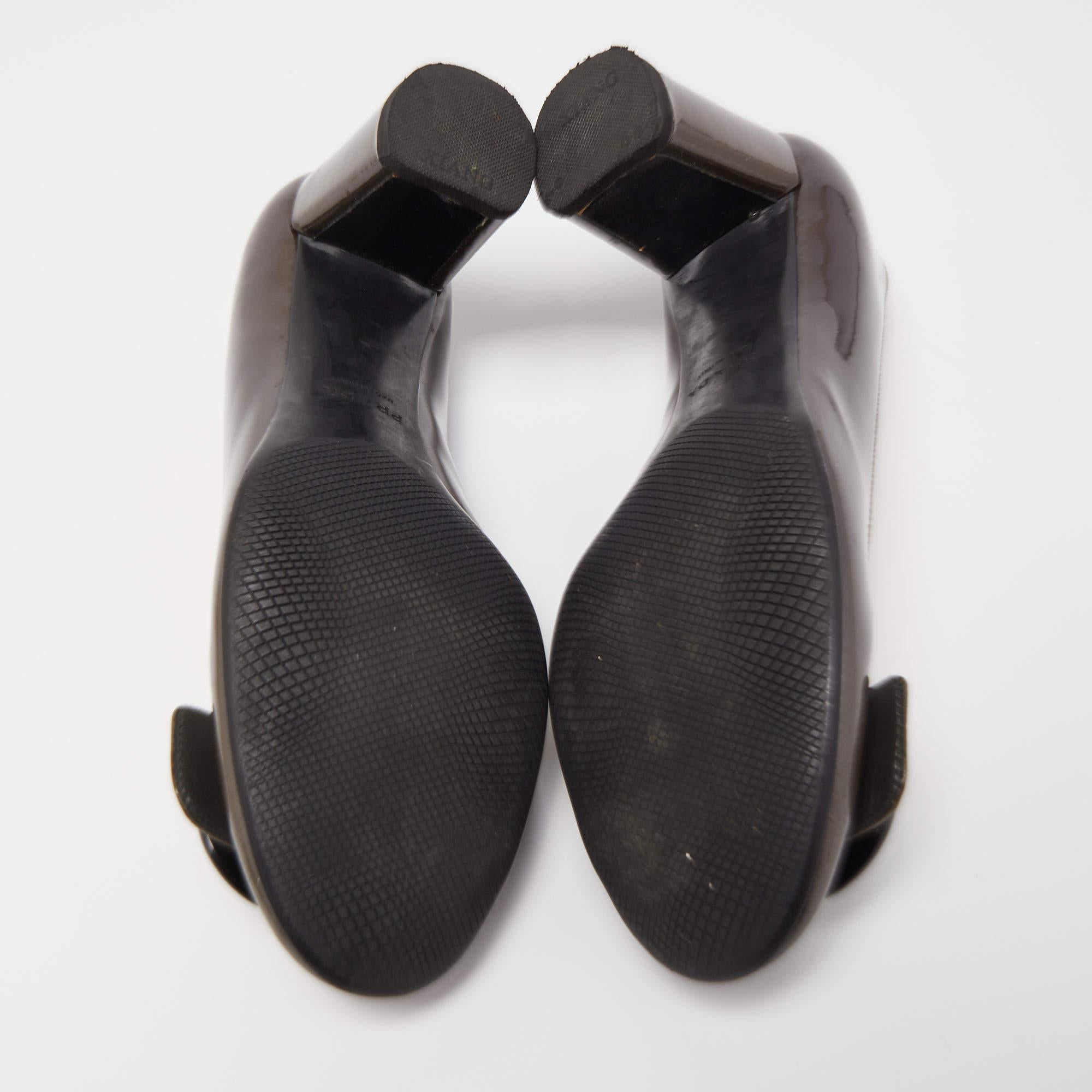 Prada Dark Grey Patent Leather Buckle Detail Block Heel Pumps Size 36.5 1