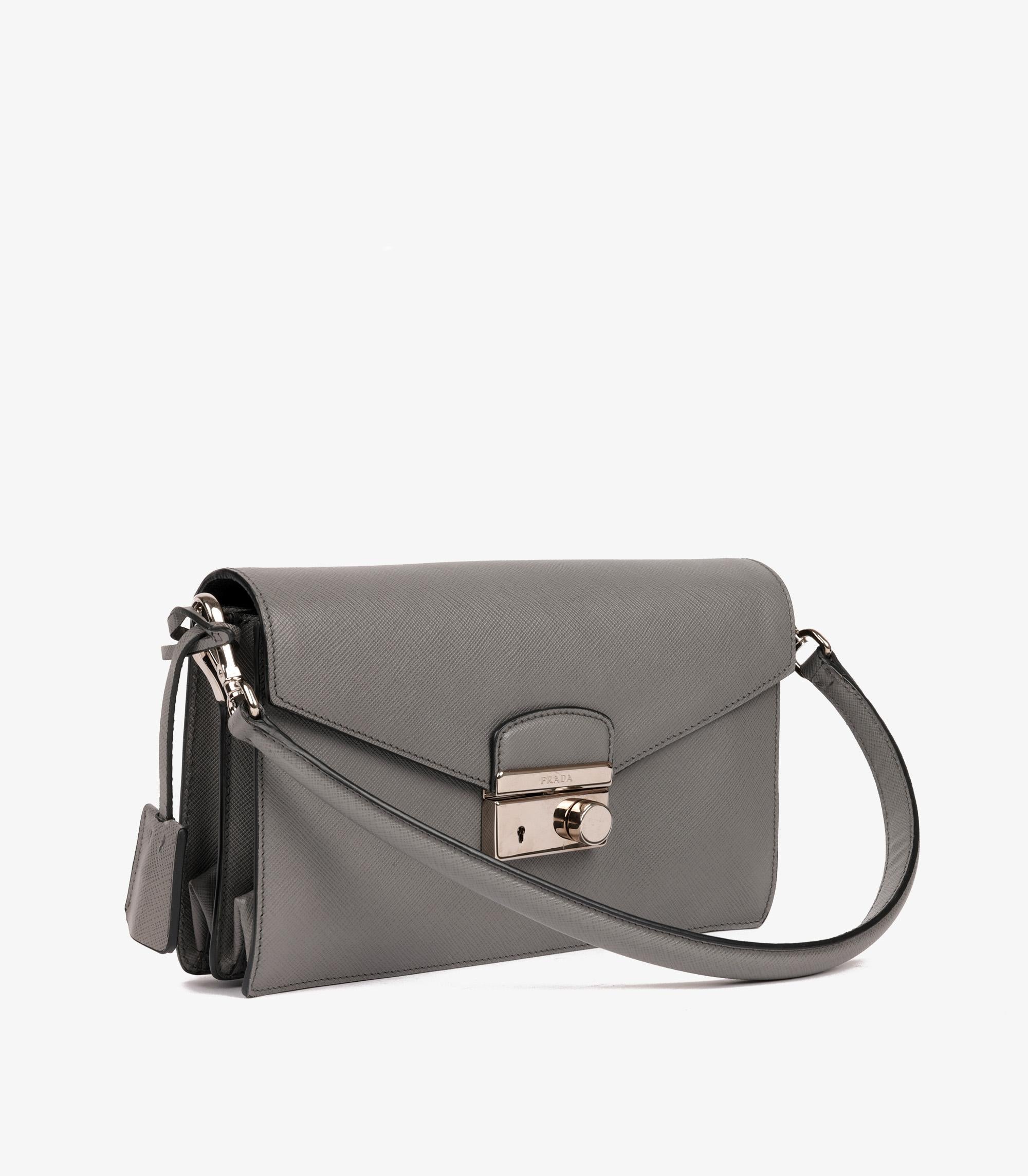 Prada Dark Grey Saffiano Leather Lux Mini Sound Flap Bag In Excellent Condition In Bishop's Stortford, Hertfordshire