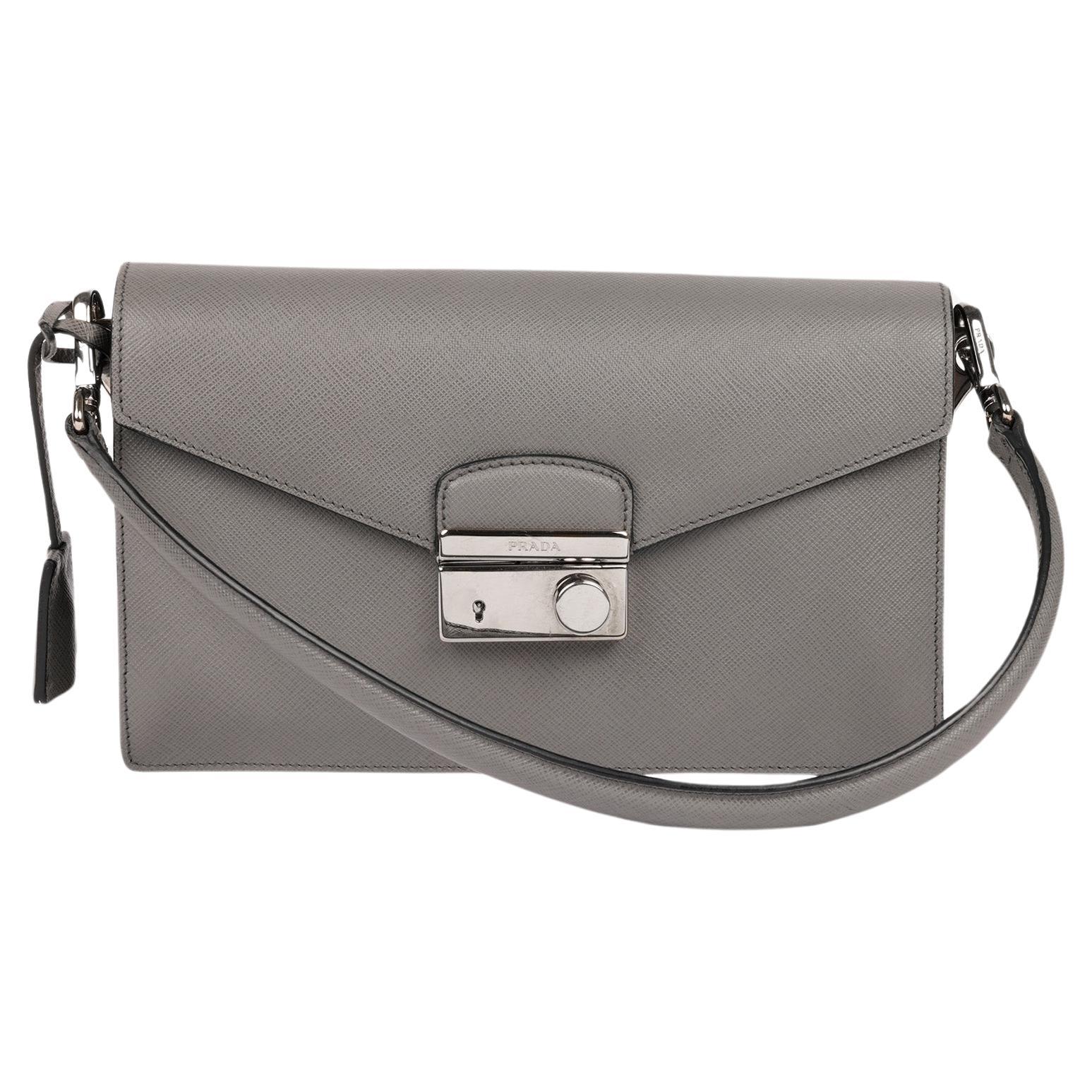 Prada Dark Grey Saffiano Leather Lux Mini Sound Flap Bag