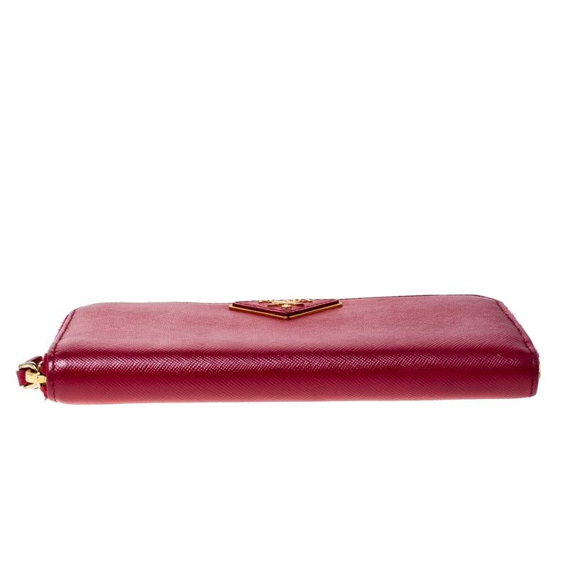 Prada Dark Pink Saffiano Lux Leather Zip Around Wallet 4