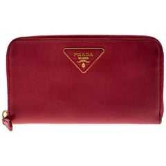 Prada Dark Pink Saffiano Lux Leather Zip Around Wallet