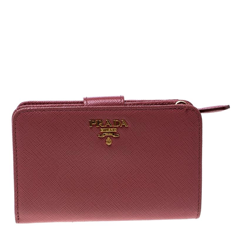 Prada Dark Pink Saffiano Metal Leather Zippy Wallet