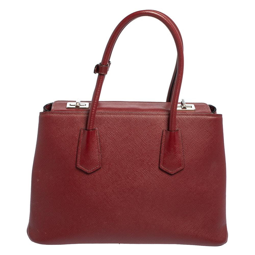 Prada Dark Red Saffiano Cuir Leather Twin Tote In Good Condition In Dubai, Al Qouz 2