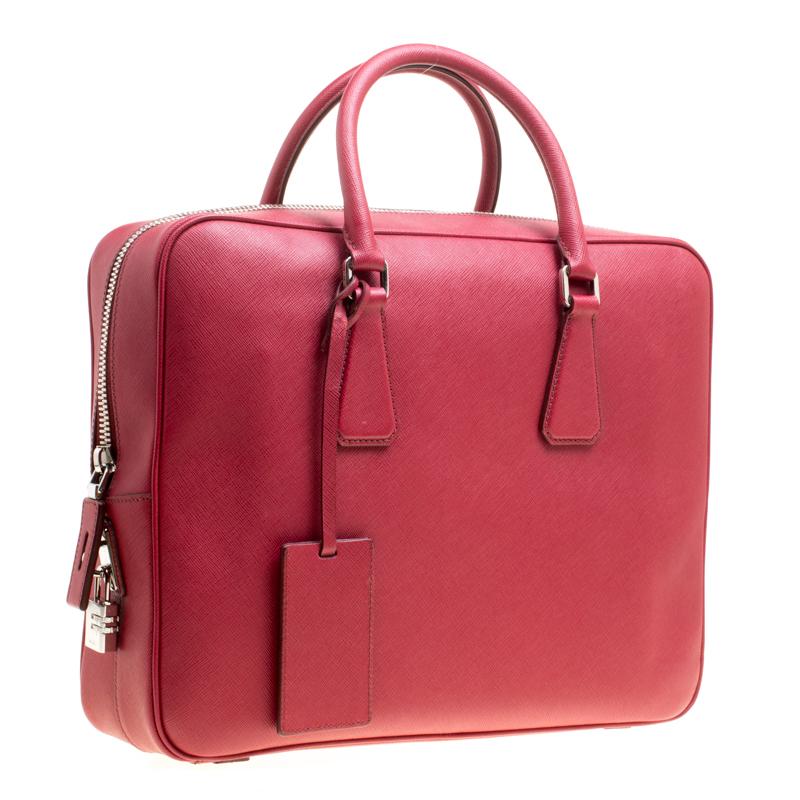 Prada Dark Red Saffiano Leather Travel Briefcase In Excellent Condition In Dubai, Al Qouz 2