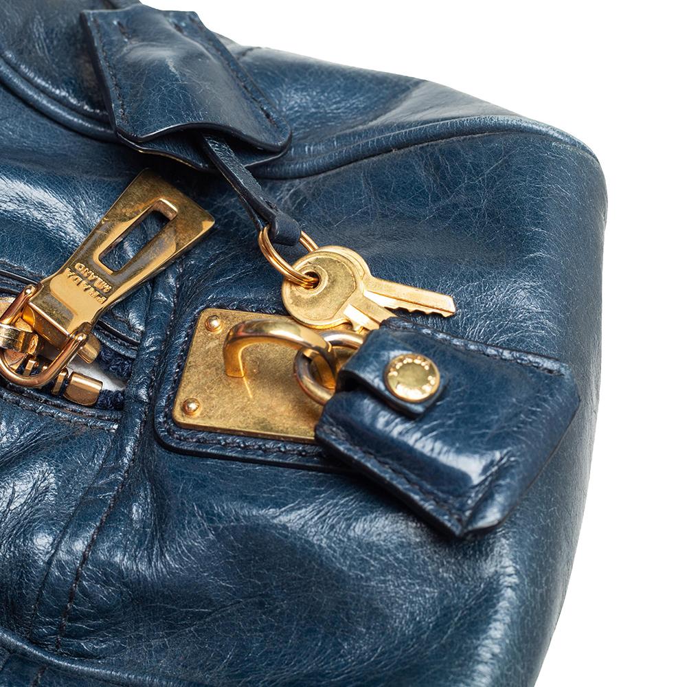 Prada Dark Teal Blue Vitello Shine Leather Boston Bag In Good Condition In Dubai, Al Qouz 2