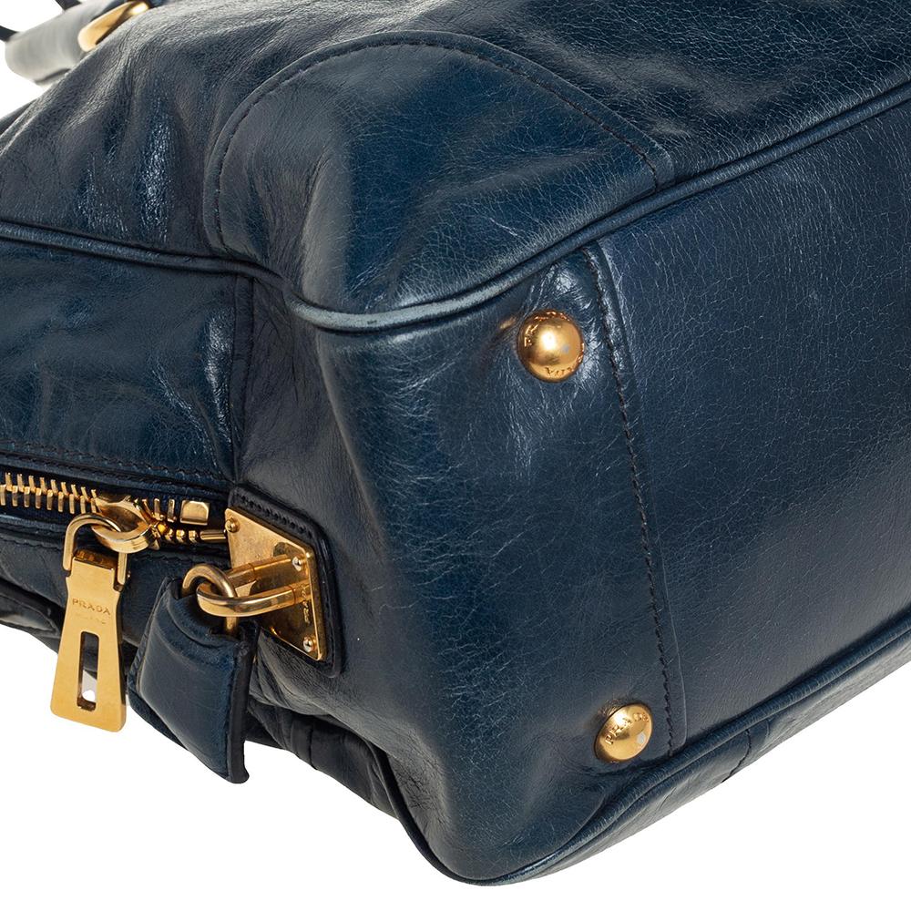 Prada Dark Teal Blue Vitello Shine Leather Boston Bag 1