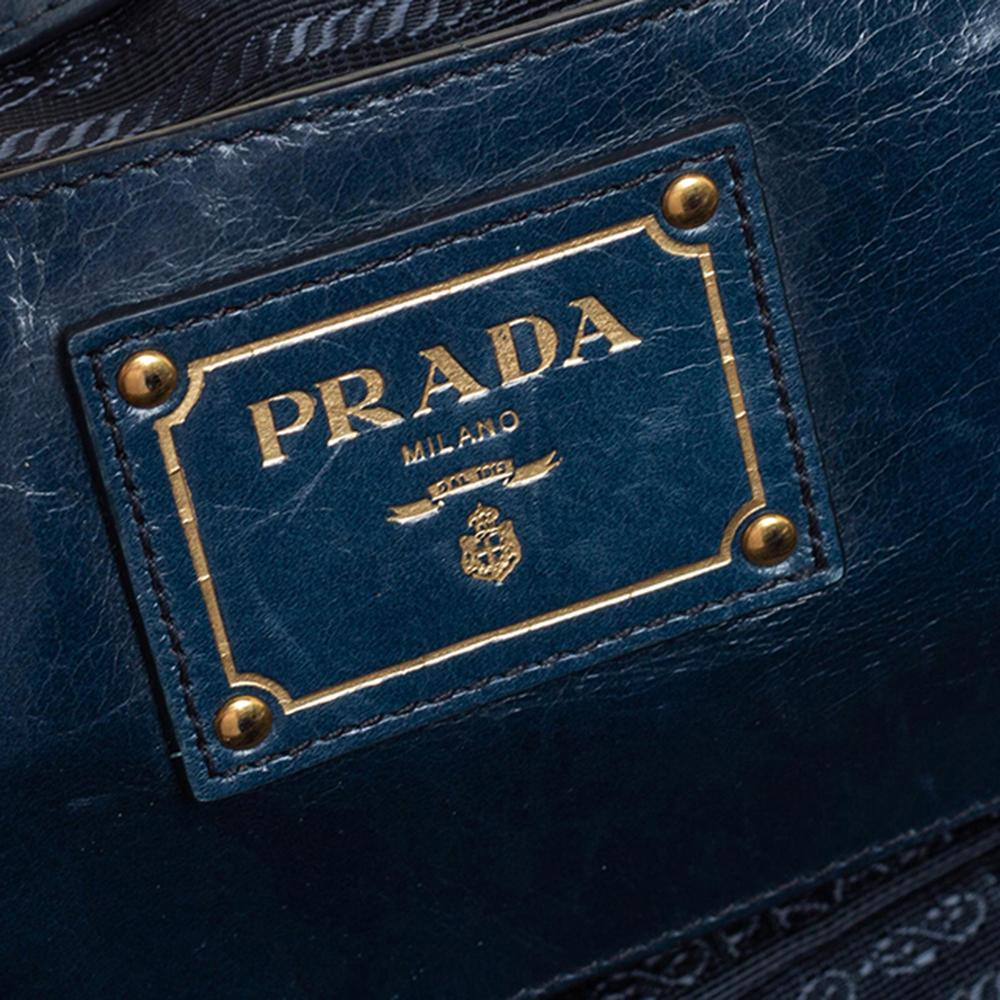 Prada Dark Teal Blue Vitello Shine Leather Boston Bag 2
