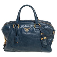 Prada Dunkelblaue Vitello Shine Boston Tasche aus Leder