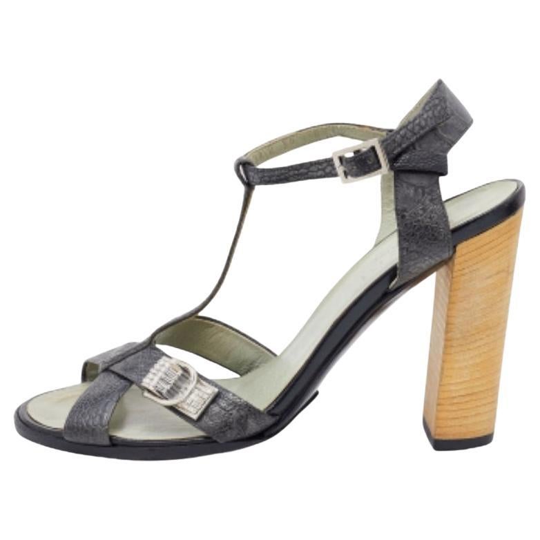 Prada Deep Green Ostrich Leather Ankle Strap Block Heel Sandals Size 36 For Sale