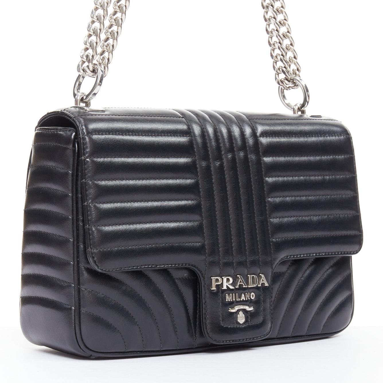 Gray PRADA Diagramme black quilted silver logo crossbody flap shoulder bag For Sale
