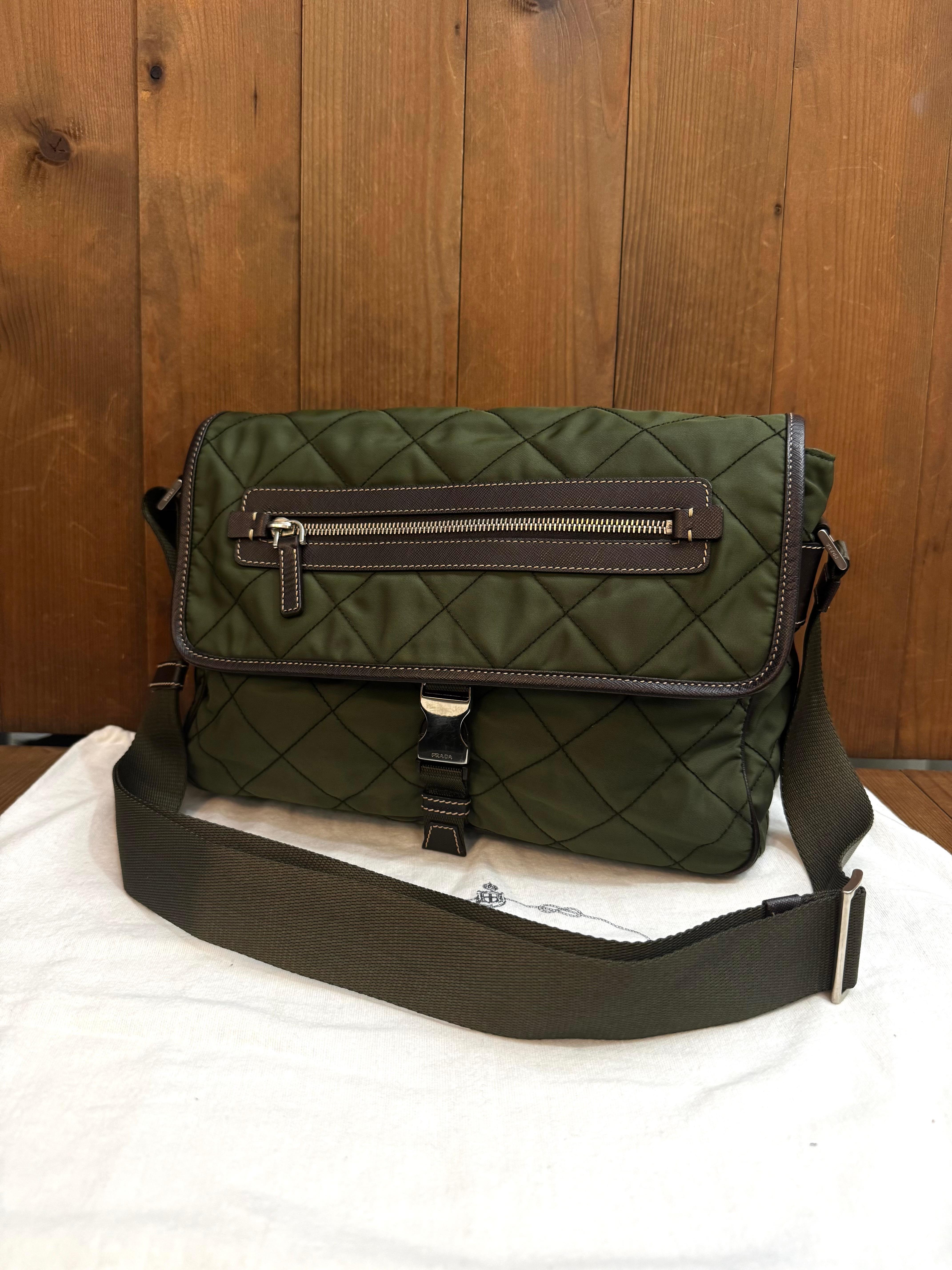 Black PRADA Diamond Quilted Tessuto Messenger Crossbody Bag Army Green Unisex For Sale