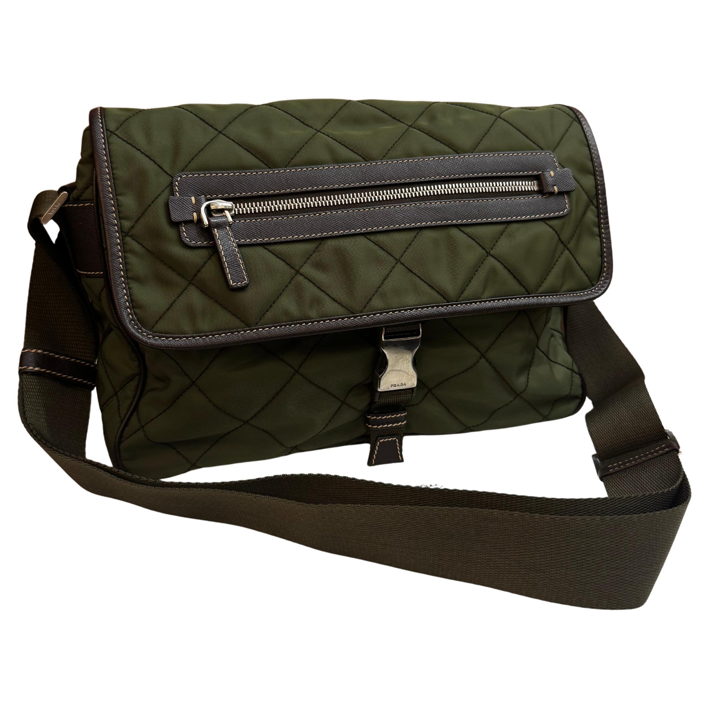 PRADA Diamond Quilted Tessuto Messenger Crossbody Bag Army Green Unisex For Sale