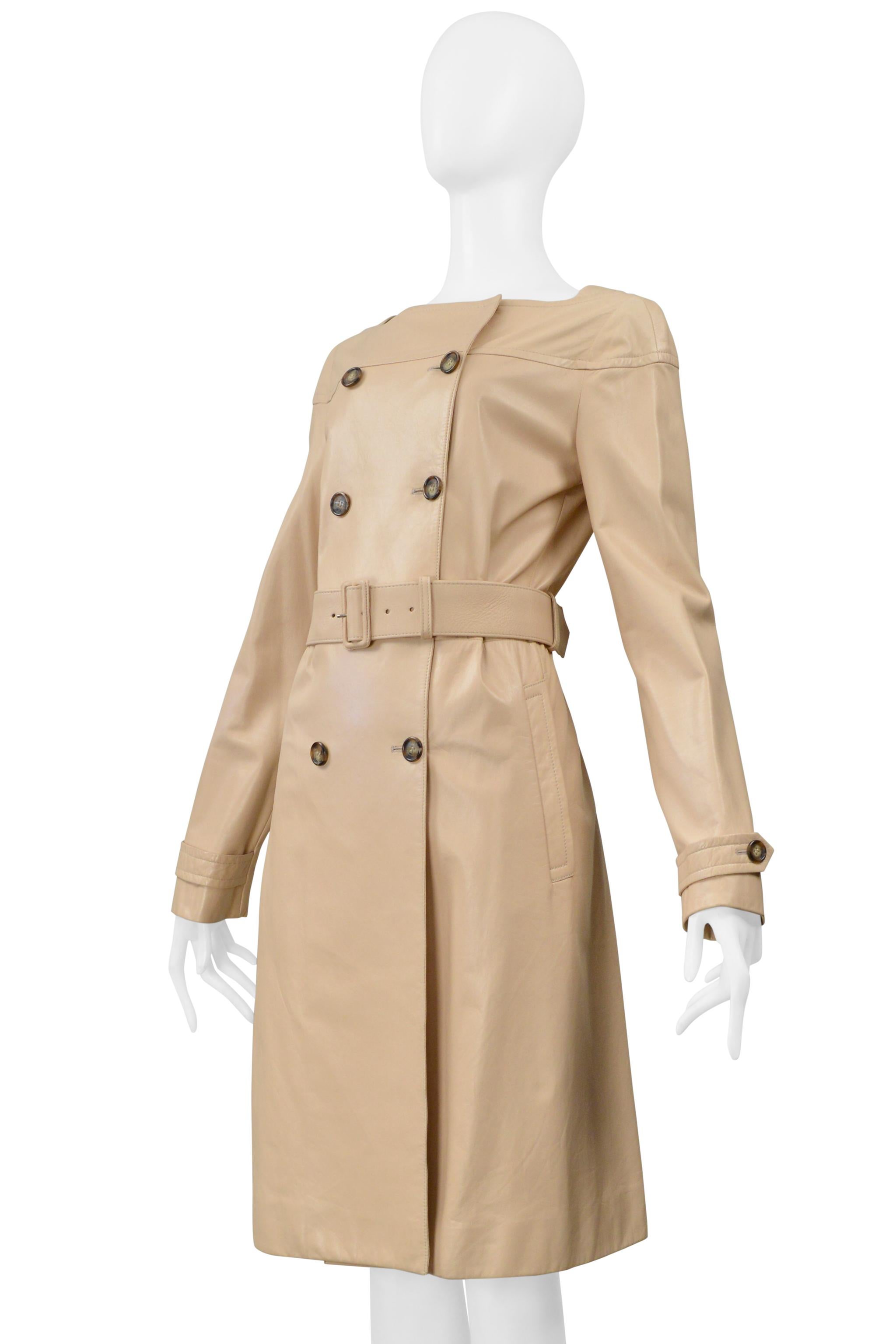 Prada Double Breasted Beige Leather Coat Dress With Belt In Excellent Condition For Sale In Los Angeles, CA
