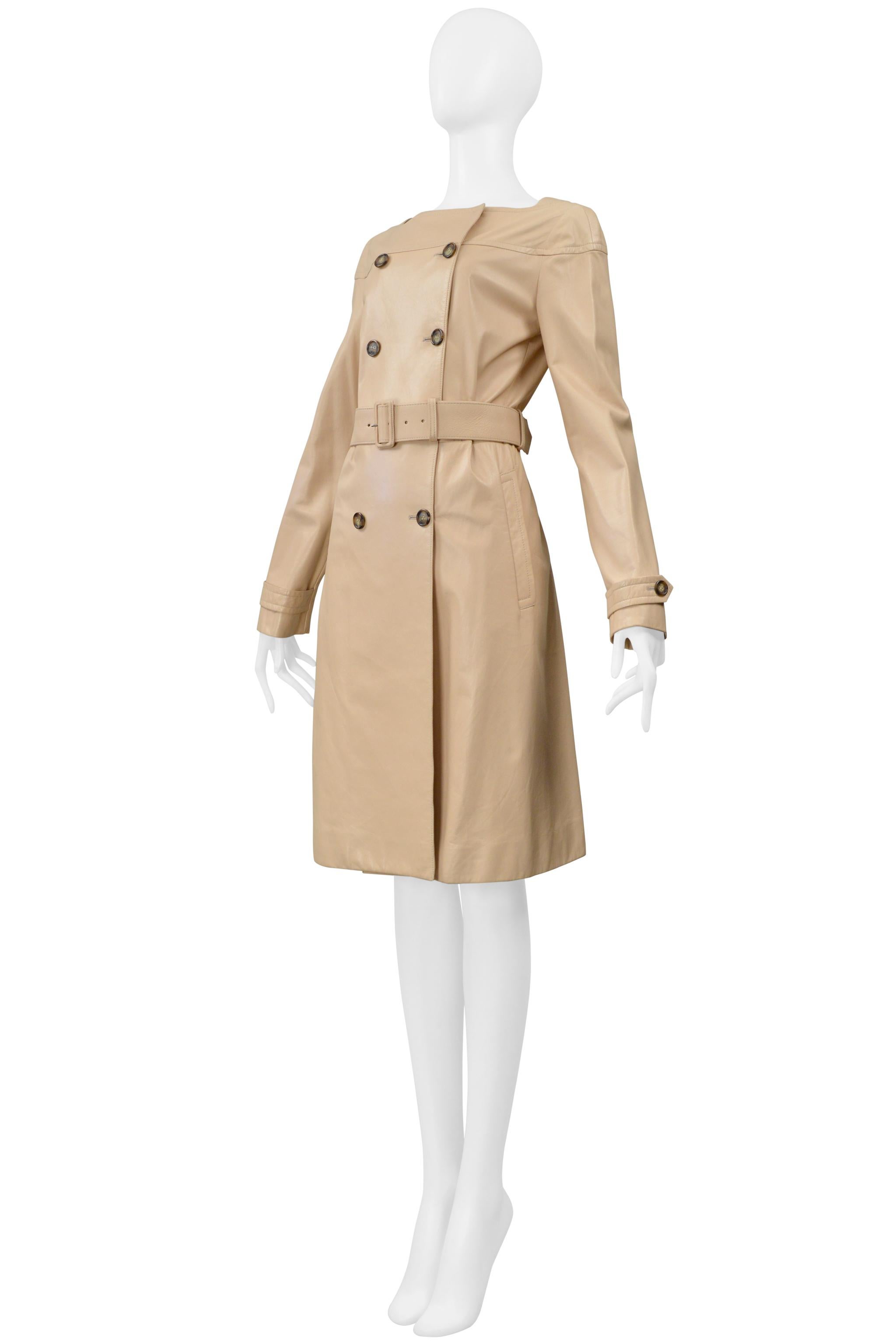 Women's Prada Double Breasted Beige Leather Coat Dress With Belt For Sale