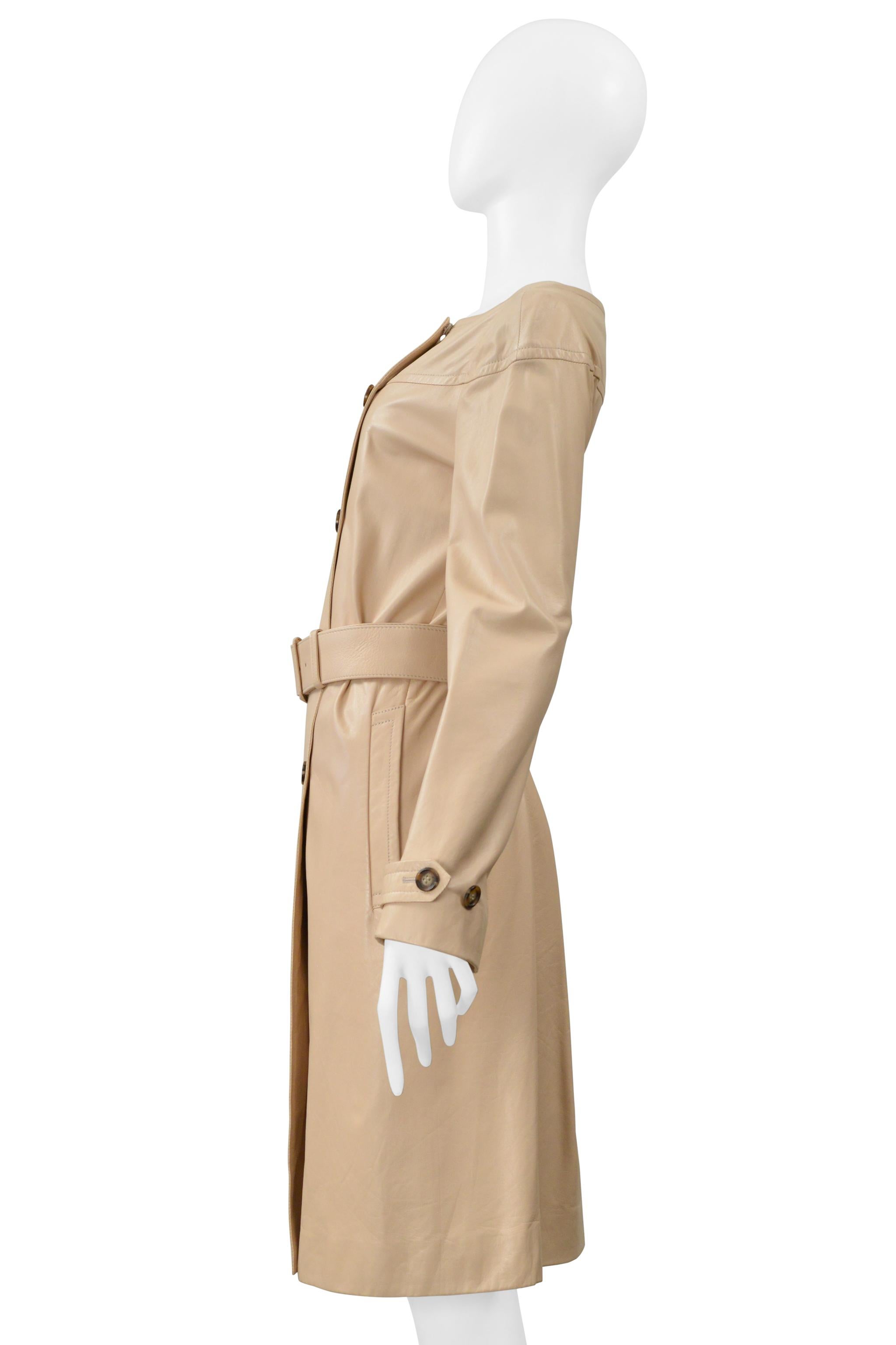 Prada Double Breasted Beige Leather Coat Dress With Belt For Sale 2