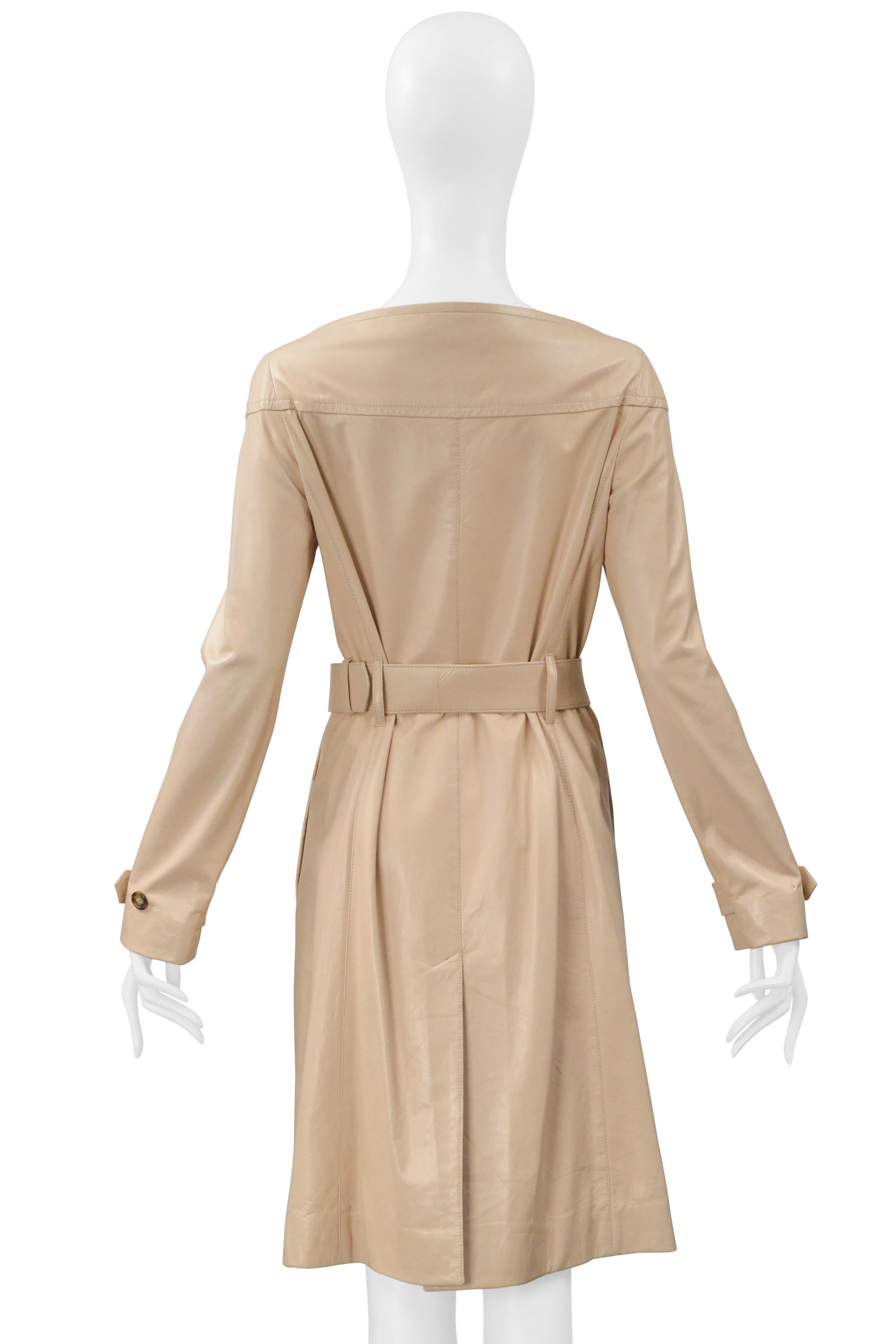 Prada Double Breasted Beige Leather Coat Dress With Belt For Sale 3