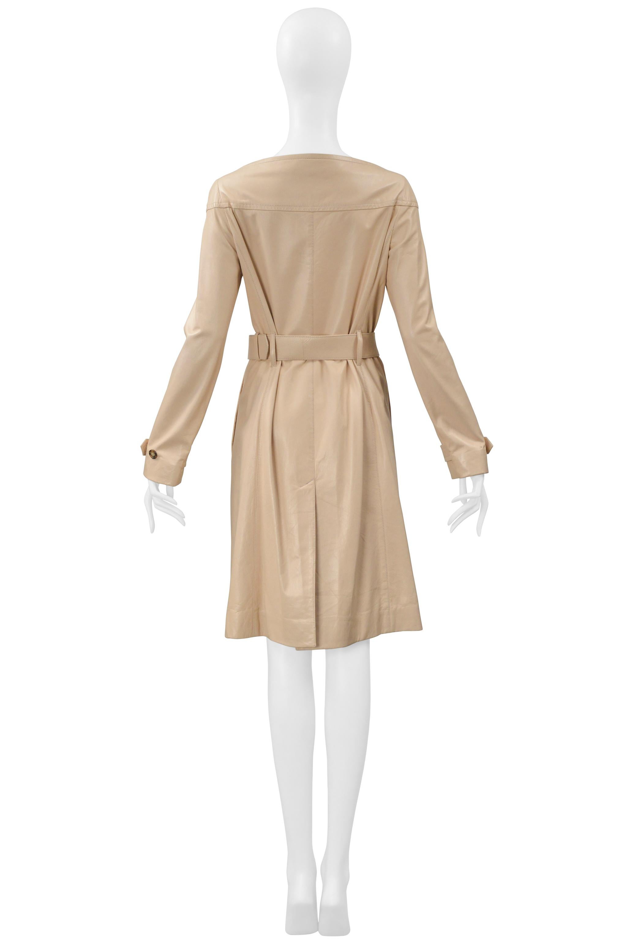 Prada Double Breasted Beige Leather Coat Dress With Belt For Sale 4