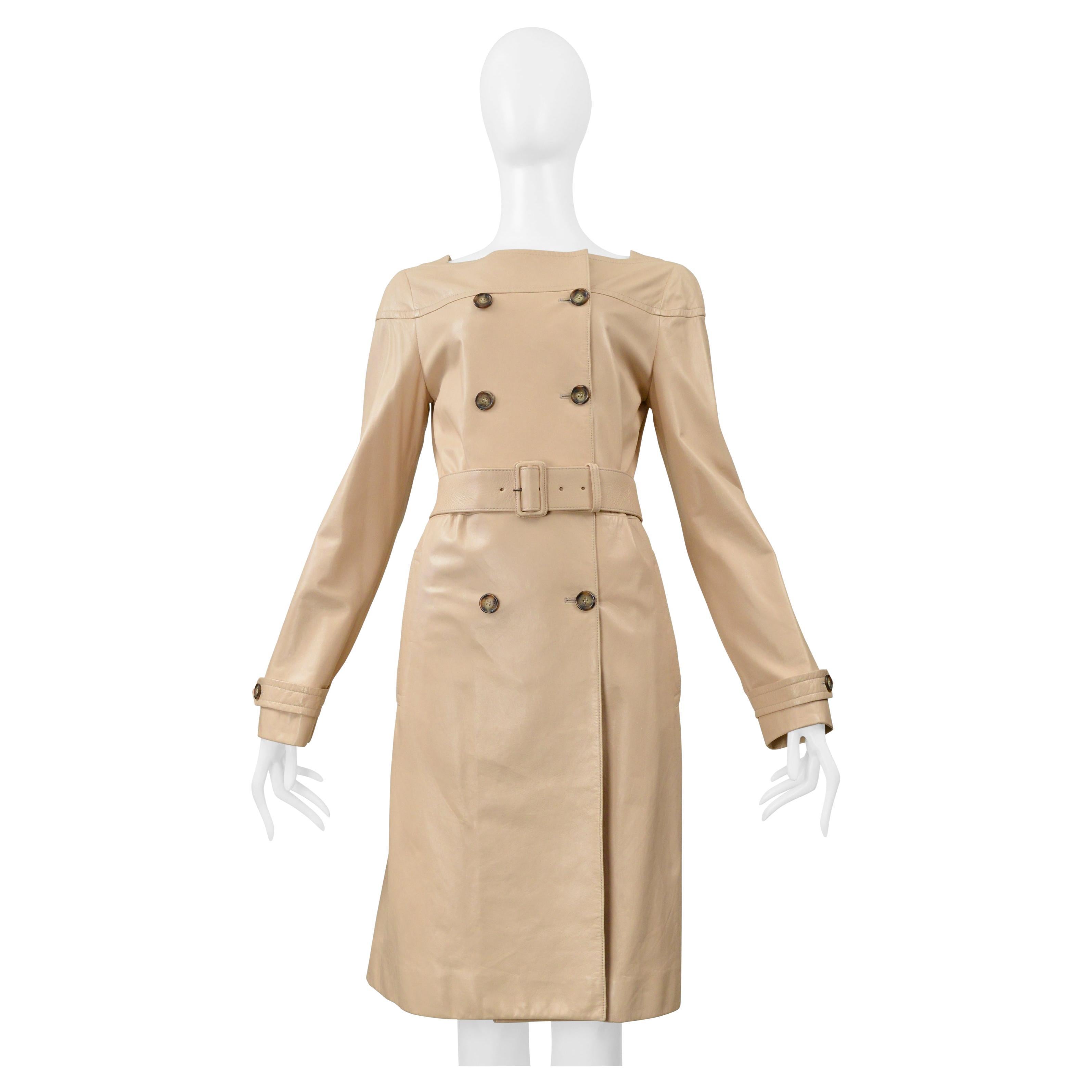 Prada Double Breasted Beige Leather Coat Dress With Belt For Sale