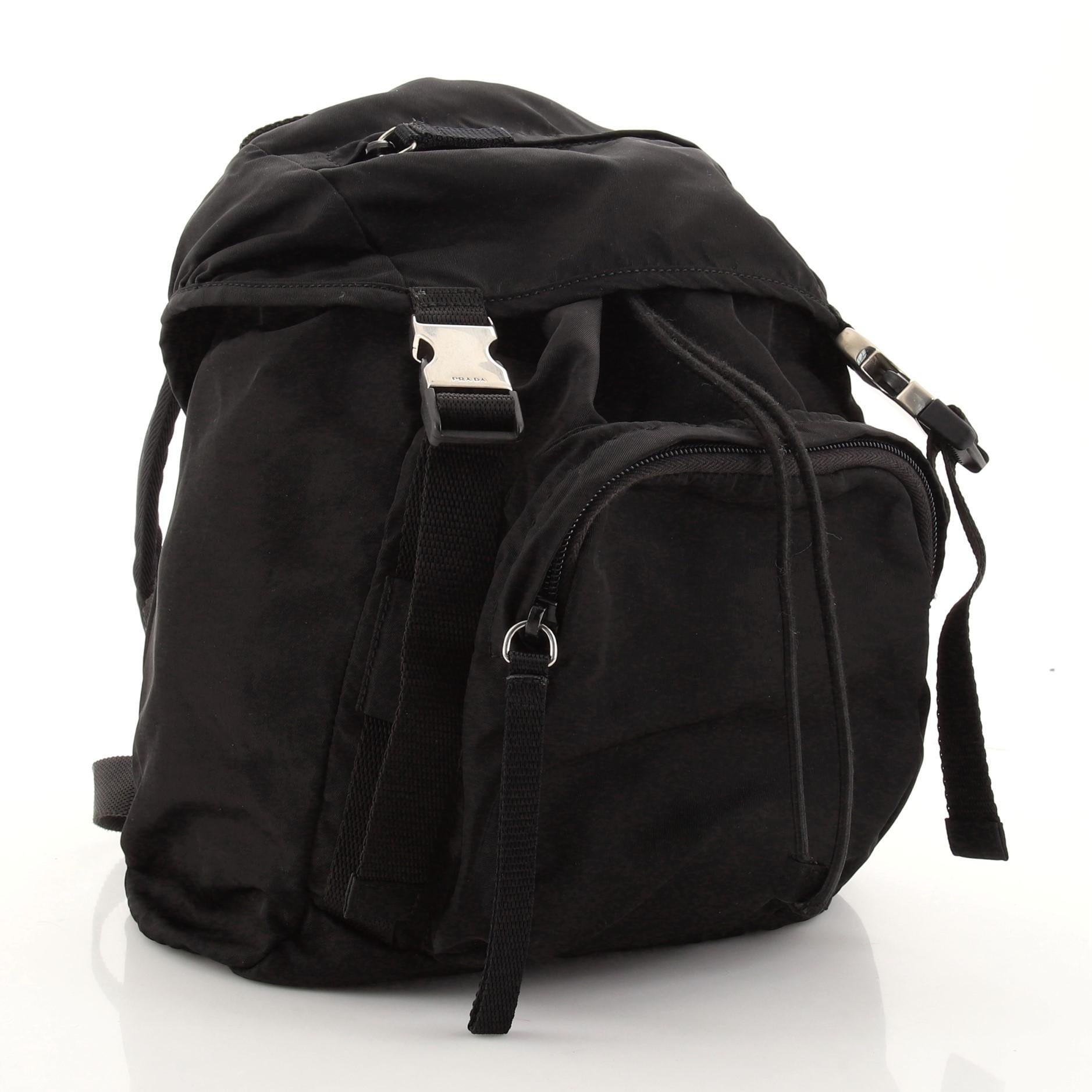 Black Prada Double Buckle Backpack Tessuto Small