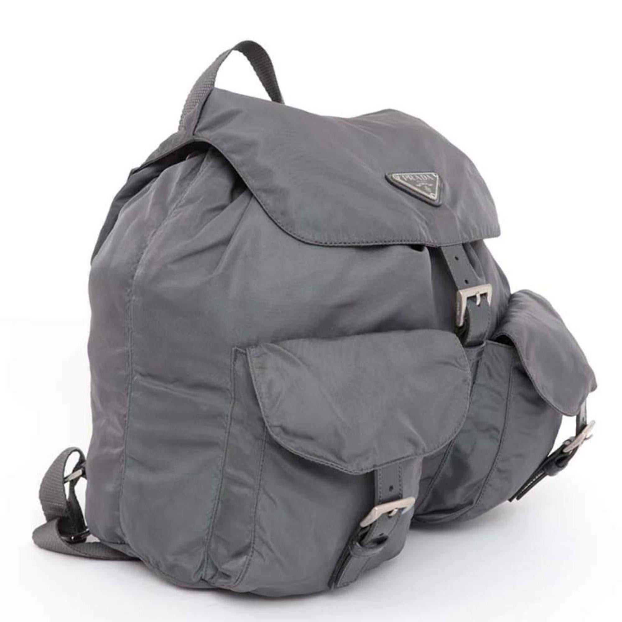 Prada Double Charcoal Pocket 230313 Grey Nylon Backpack For Sale 5