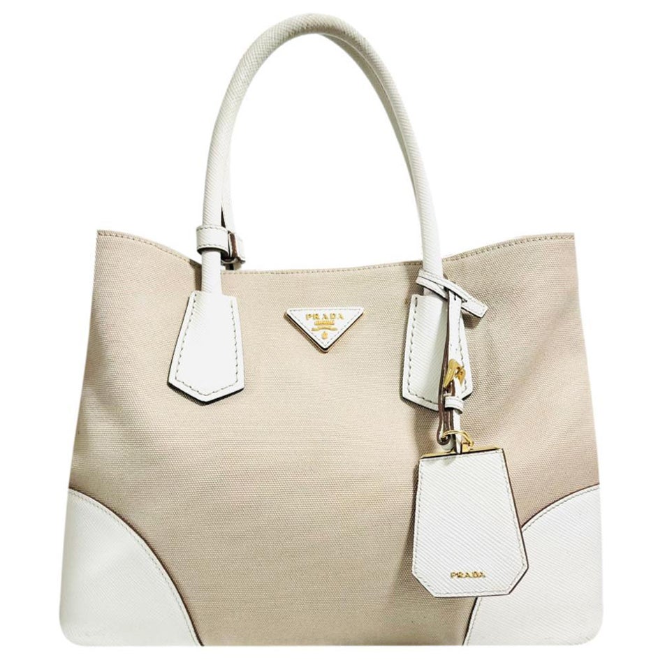 Prada Double Cuir Saffiano Leather & Canvas Tote Bag