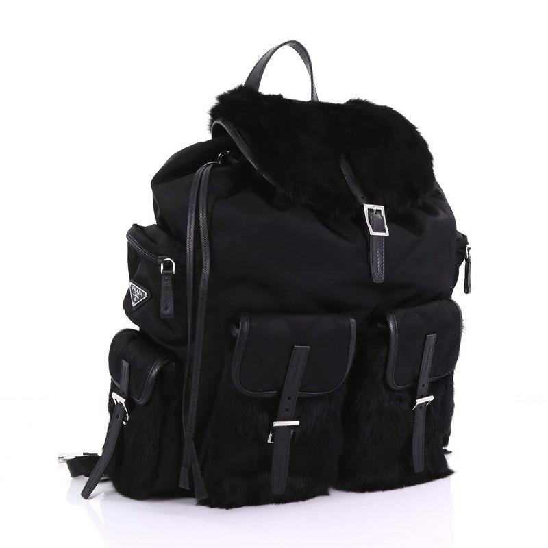 Black Prada Double Front Pocket Backpack Tessuto With Fur Medium