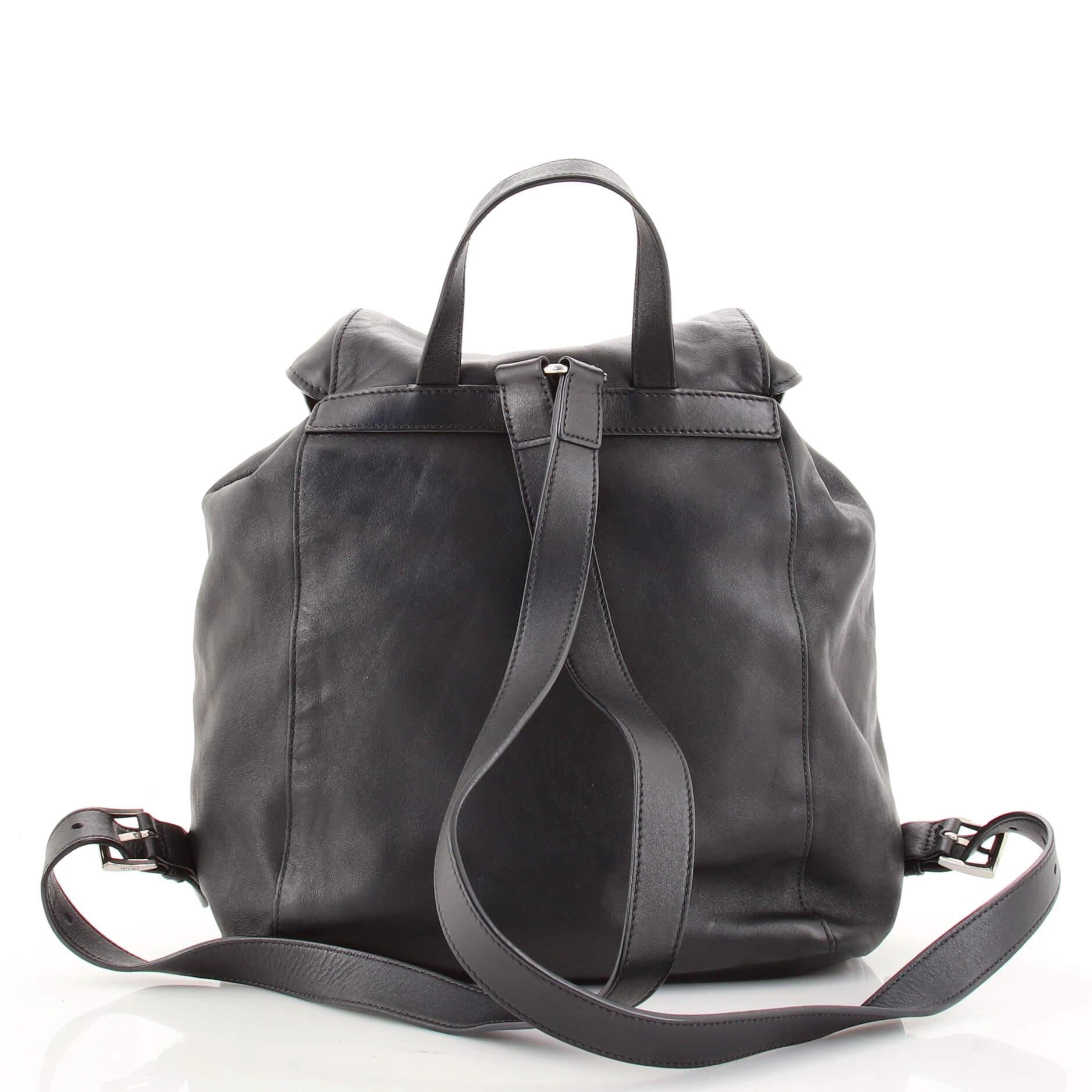 Black Prada Double Pocket Drawstring Backpack Soft Calf Medium