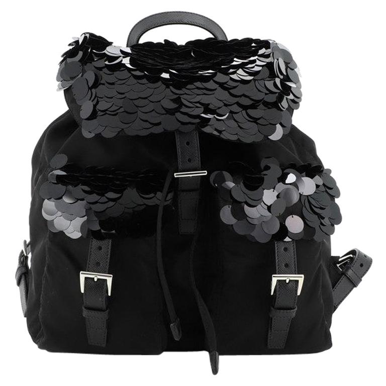 Prada  Double Pocket Drawstring Backpack Tessuto with Paillettes