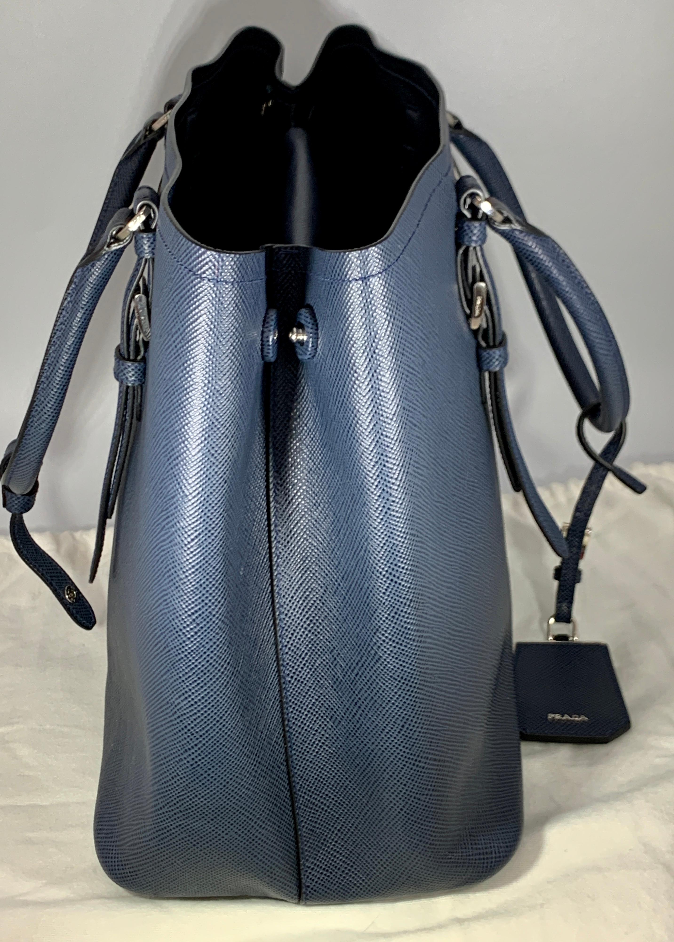 Prada Double Saffiano Cuir Bluette Medium  Leather Tote, Brand New In New Condition In New York, NY
