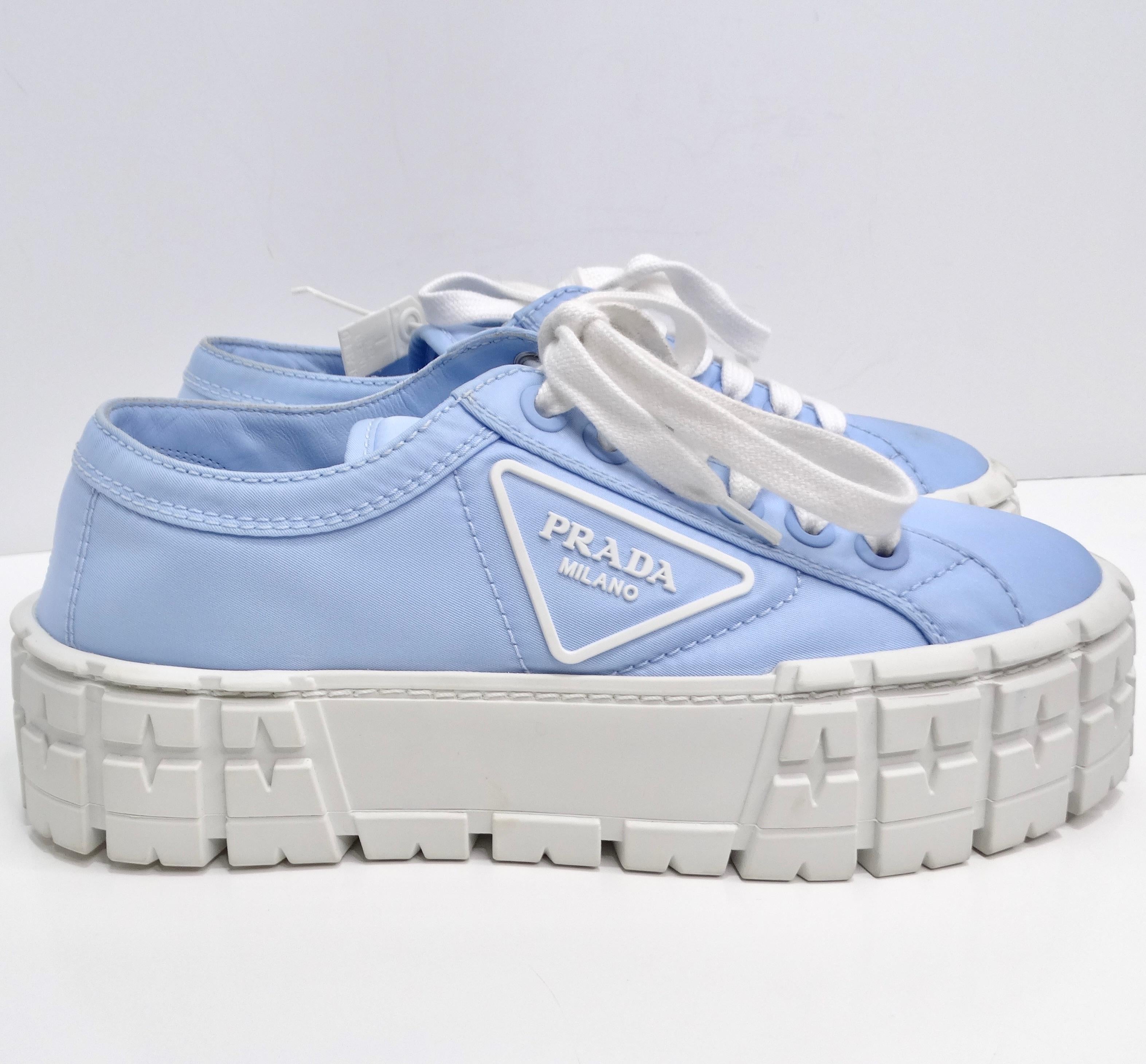 Women's or Men's Prada Double Wheel Re-Nylon Gabardine Sneakers in Light Blue For Sale