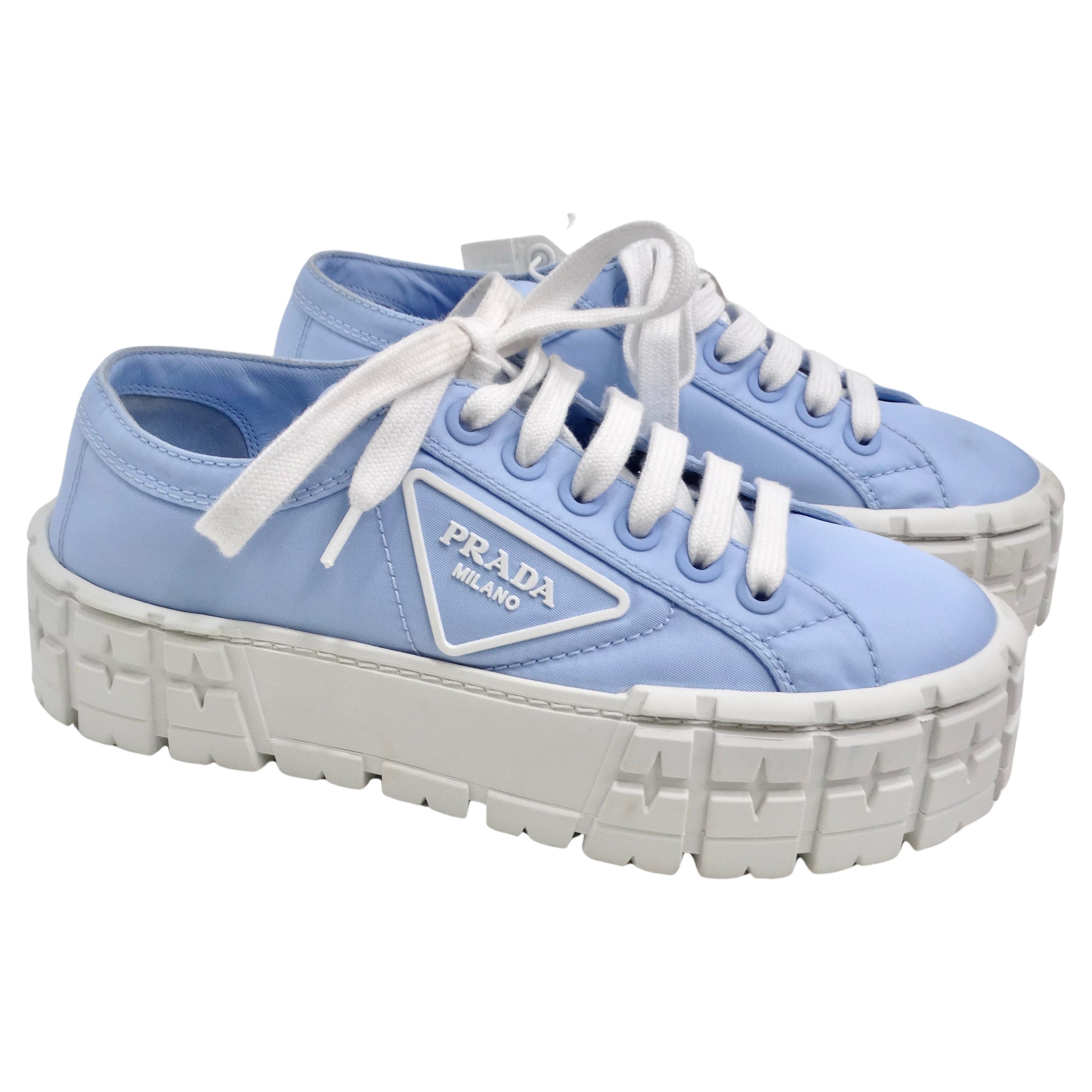 Prada Double Wheel Re-Nylon Gabardine Sneakers in Light Blue For Sale